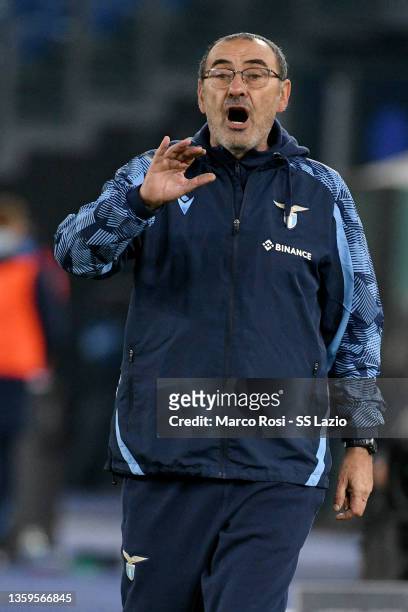 Lazio head coach Maurizio Sarri reacts during the Serie A match between SS Lazio and Genoa CFC at Stadio Olimpico on December 17, 2021 in Rome, Italy.