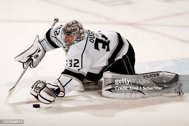 Goaltender Jonathan Quick of the Los Angeles Kings makes a stop against the Florida Panthers at the FLA Live Arena on December 16, 2021 in Sunrise,...