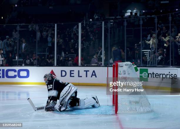 Jonathan Quick of the Los Angeles Kings stretches before the game against the Dallas Stars at Staples Center on December 09, 2021 in Los Angeles,...