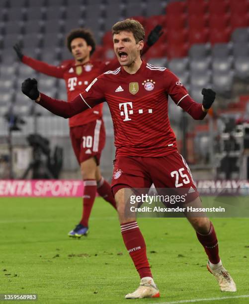 Thomas Mueller of Muenchen celebrates his team's first goal during the Bundesliga match between FC Bayern München and VfL Wolfsburg at Allianz Arena...