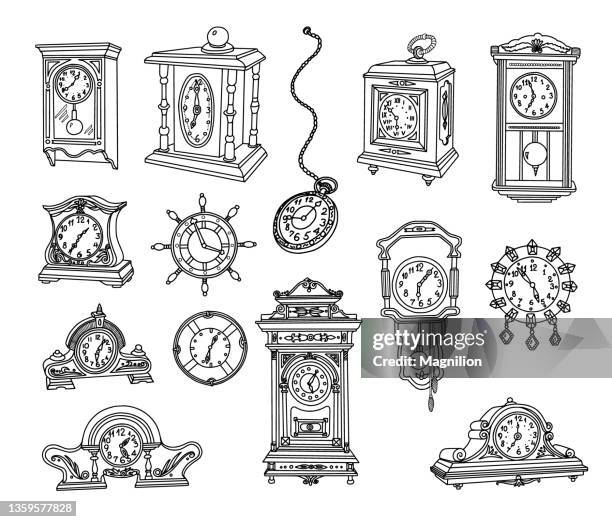 vintage clock doodles set - pocket watch stock illustrations