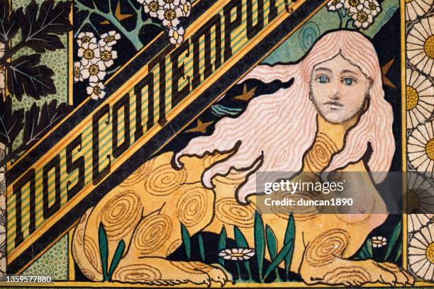 stockillustraties, clipart, cartoons en iconen met female sphinx, mythical creature with the head of a woman and the body of a lion, art nouveau - mythological character