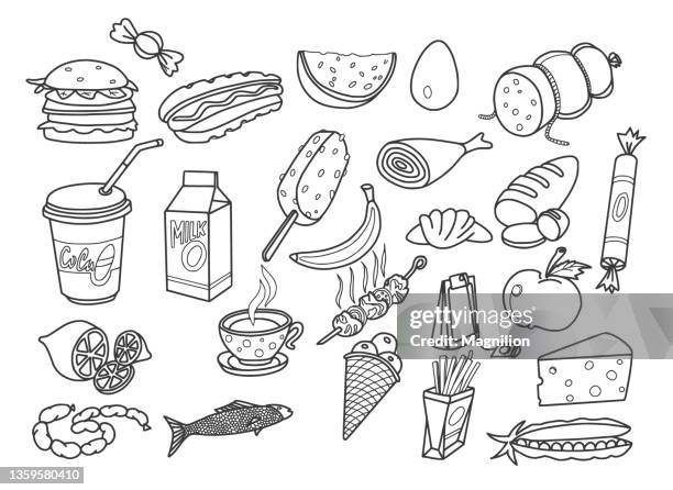 food doodles set - bar snacks sketch stock illustrations