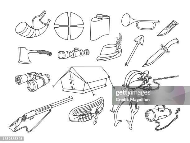 jagd doodle set - jagdhorn stock-grafiken, -clipart, -cartoons und -symbole