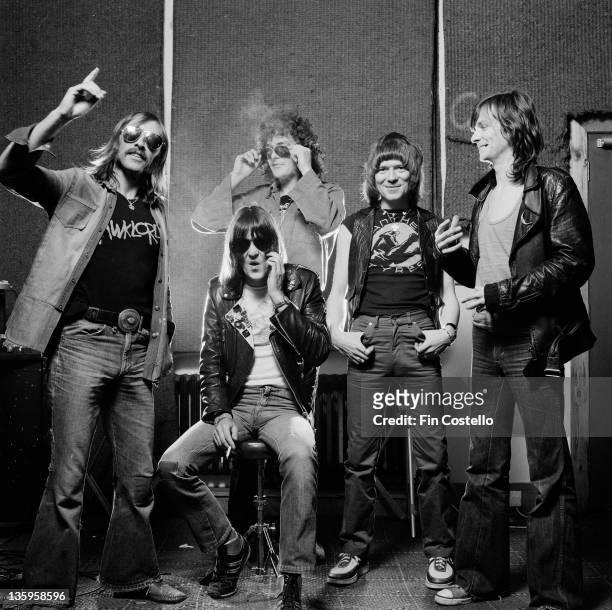 1st JUNE: Hawkwind posed at Rockfield Studios in Monmouth, Wales in June 1980. Left to right: Dave Brock, Simon King, Harvey Bainbridge, Huw...