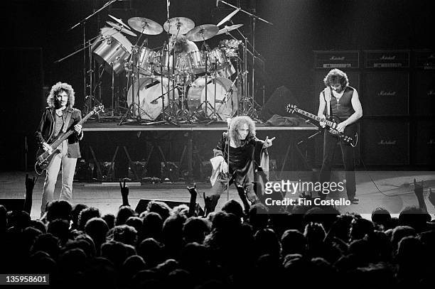 25th JUNE: Black Sabbath perform live on stage at the Gaumont Theatre in Southampton on 25th June 1980. Left to right: Geezer Butler, Bill Ward,...