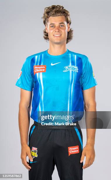 Spencer Johnson poses during the Adelaide Strikers Big Bash League headshots Session at Karen Rolton Oval on November 03, 2021 in Adelaide, Australia.