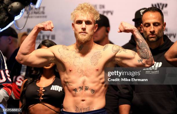 Jake Paul poses during a weigh in at the Hard Rock Hotel and Casino ahead of this weekends fight on December 17, 2021 in Tampa, Florida.