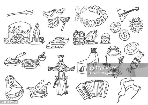 russian culture doodle set - dumpling stock illustrations