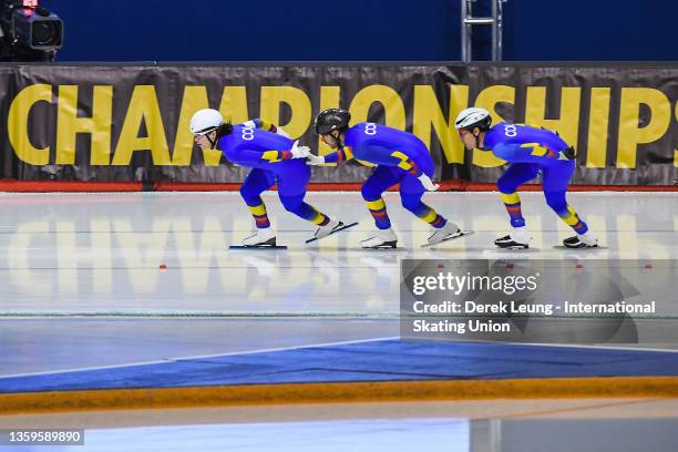 Diego Amaya, German Tirado, and Daniel Zapata of Colombia race in the Men's Team pursuit during the ISU Four Continents Speed Skating Championships...