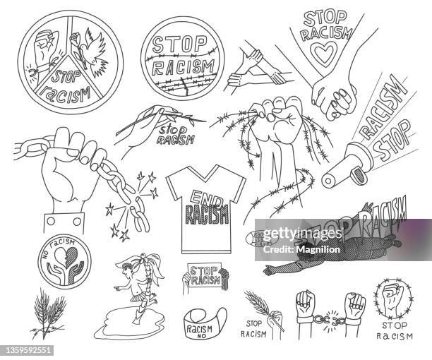 ilustraciones, imágenes clip art, dibujos animados e iconos de stock de stop racism doodle set - black power