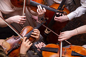 String quartet (violins, cello, alt (viola)), hands, view from above