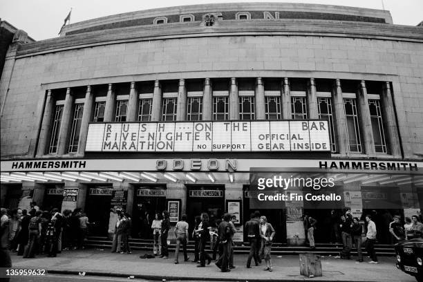 Exterior view of Hammersmith Odeon in Hammersmith, London on the first night of concerts by the Canadian band Rush during their Permanent Waves tour...