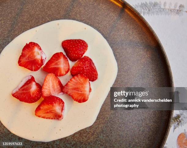 vanilla crème anglaise and strawberry - crème anglaise stock-fotos und bilder