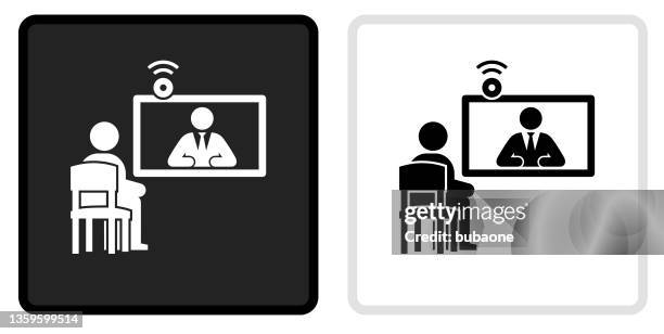ilustraciones, imágenes clip art, dibujos animados e iconos de stock de icono de entrevista en línea en el botón negro con rollover blanco - interview white background