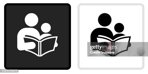 reading & children icon on black button with white rollover - reading icon stock illustrations