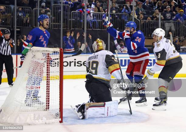 Chris Kreider of the New York Rangers celebrates his second period goal against Laurent Brossoit of the Vegas Golden Knights at Madison Square Garden...