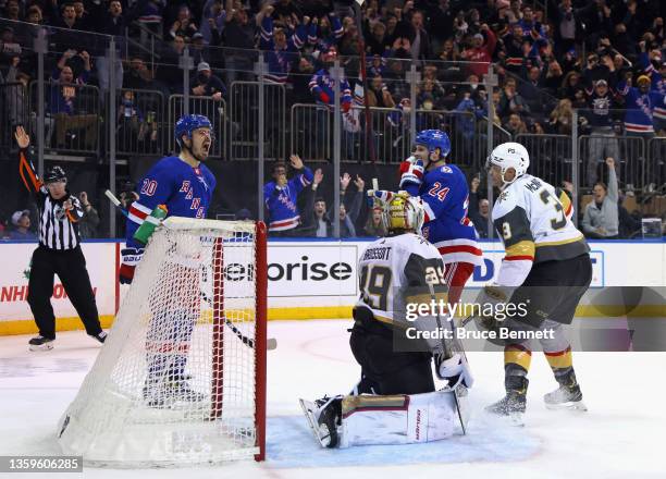 Chris Kreider of the New York Rangers celebrates his second period goal against Laurent Brossoit of the Vegas Golden Knights at Madison Square Garden...