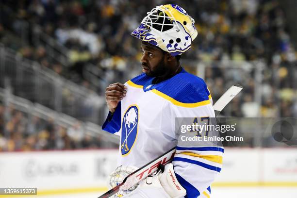 Malcolm Subban of the Buffalo Sabres looks on during the first period of a game against the Pittsburgh Penguins at PPG PAINTS Arena on December 17,...