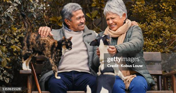 foto de una feliz pareja de ancianos jugando con sus mascotas mientras se relaja en un jardín - pets fotografías e imágenes de stock