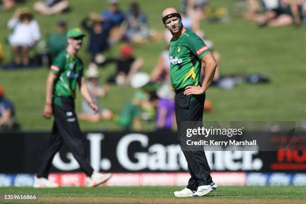 Seth Rance of the Central Stags looks onduring the Super Smash T20 match between the Central Stags and the Otago Volts at McLean park on December 18,...