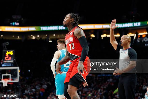 Ben McLemore of the Portland Trail Blazers watches his three-point basket during the first half against the Charlotte Hornets at Moda Center on...