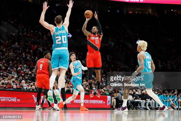 Ben McLemore of the Portland Trail Blazers shoots the ball over Gordon Hayward of the Charlotte Hornets during the first half at Moda Center on...
