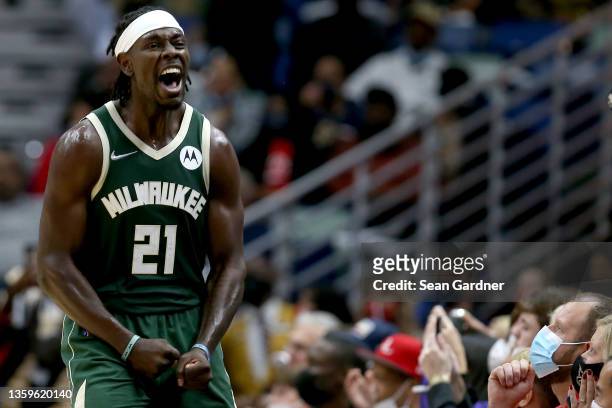 Jrue Holiday of the Milwaukee Bucks reacts after missing a game winning shot during a the fourth quarter of a NBA game against the New Orleans...