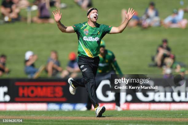 Seth Rance of the Central Stags reacts during the Super Smash T20 match between the Central Stags and the Otago Volts at McLean park on December 18,...