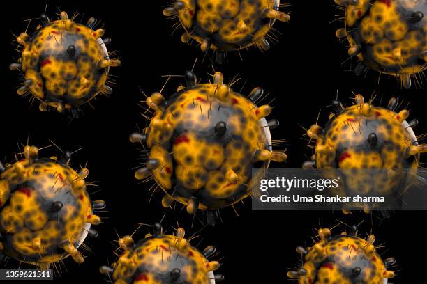 omicron variant of coronavirus or covid-19. a computer generated image with multiple copies against a black background. - coronavirus background stock pictures, royalty-free photos & images