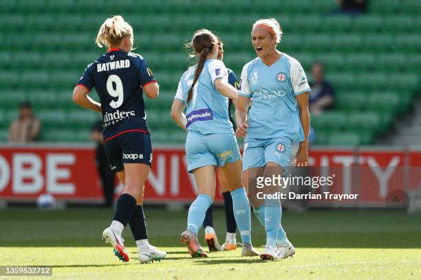 Hannah Wilkinson of Melbourne City reacts during the round three A-League Womens match between Melbourne City and Adelaide United at AAMI Park, on...