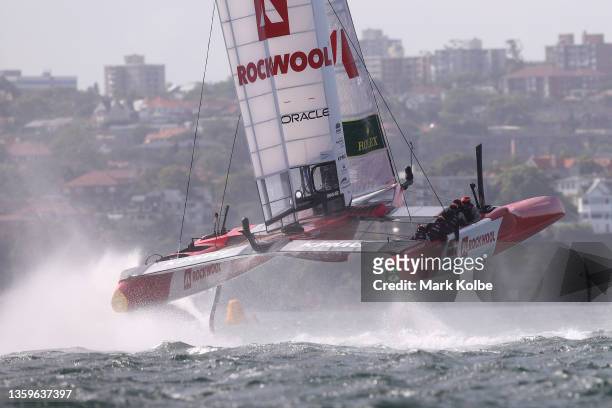 Denmark SailGP team trains ahead of day two of racing in the SailGP on Sydney Harbour on December 18, 2021 in Sydney, Australia.