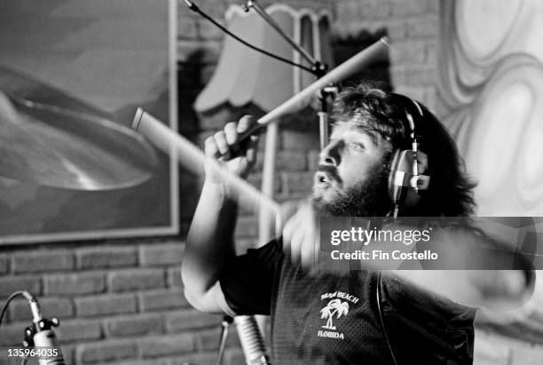 1st MAY: English drummer Lee Kerslake recording Ozzy Osbourne's album 'Blizzard of Ozz' album at Ridge Farm Studio in West Sussex, England in May...