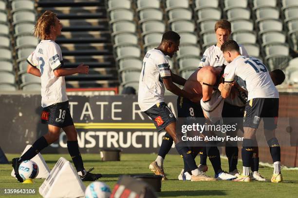 Oliver Bozanic of the Mariners celebrates his goal with team mates during the A-League mens match between Central Coast Mariners and Western Sydney...