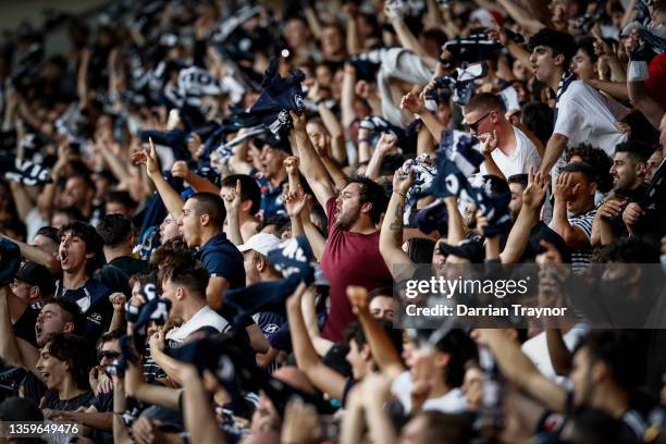 Victory fans celebrate a goal during the A-League mens match between Melbourne City and Melbourne Victory at AAMI Park, on December 18 in Melbourne,...