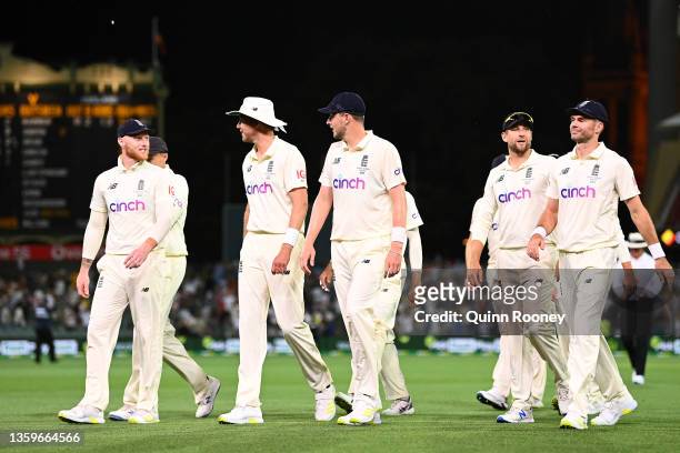 England players walk off the field after the days play on day three of the Second Test match in the Ashes series between Australia and England at the...