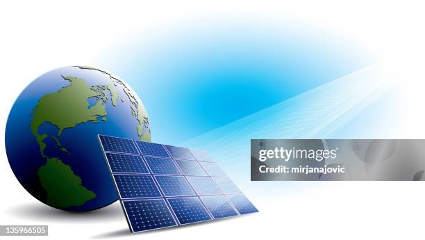 renewable energy - solar panel - world map 3d stock illustrations
