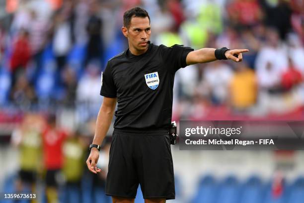 Match referee Facundo Tello signals during the FIFA Arab Cup Qatar 2021 3rd Place Match between Egypt and Qatar at Stadium 974 on December 18, 2021...