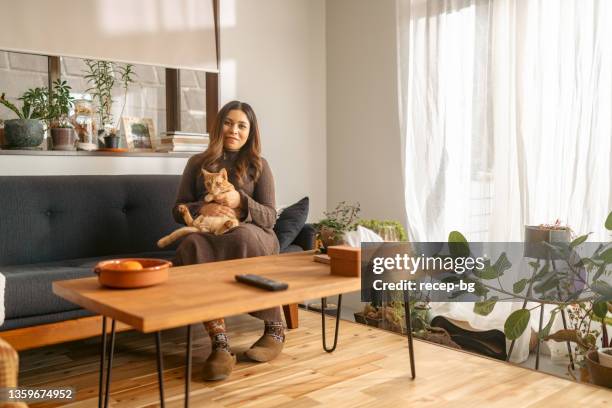 pregnant woman spending time with her ginger cat in living room at home - cat sitting stock pictures, royalty-free photos & images