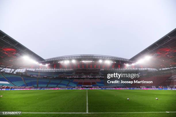 General view of the stadium ahead of the Bundesliga match between RB Leipzig and DSC Arminia Bielefeld at Red Bull Arena on December 18, 2021 in...