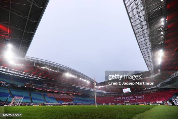 General view of the stadium ahead of the Bundesliga match between RB Leipzig and DSC Arminia Bielefeld at Red Bull Arena on December 18, 2021 in...