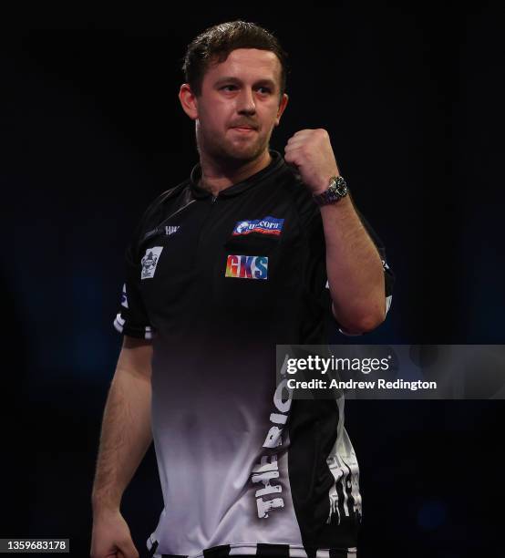 Callan Rydz of England celebrates during Day Four of the PDC William Hill World Darts Championship at Alexandra Palace on December 18, 2021 in...