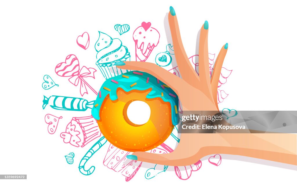 Hand with donut and multicolored hand drawings on isolated white background. Beautiful decorative dough desserts in a cartoon style. Festive illustration in EPS 10 format.