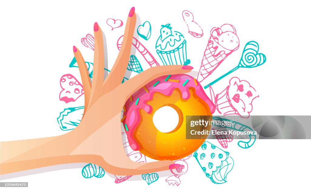 Hand with donut and multicolored hand drawings on isolated white background. Beautiful decorative dough desserts in a cartoon style. Festive illustration in EPS 10 format.