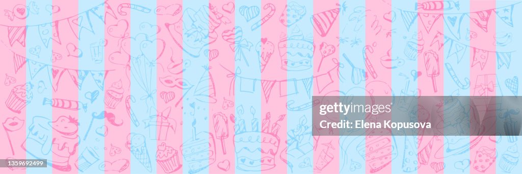 Confectionery seamless pattern. Freehand drawings of pastry desserts on a pastel striped background. Beautiful decorative dough desserts in a cartoon style. Festive illustration in EPS 10 format.