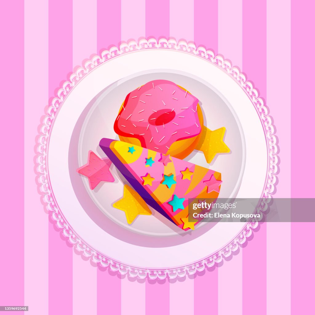 A set of confectionery products on a plate on a colored striped background. Beautiful decorative dough desserts in a cartoon style. Festive illustration in EPS 10 format.