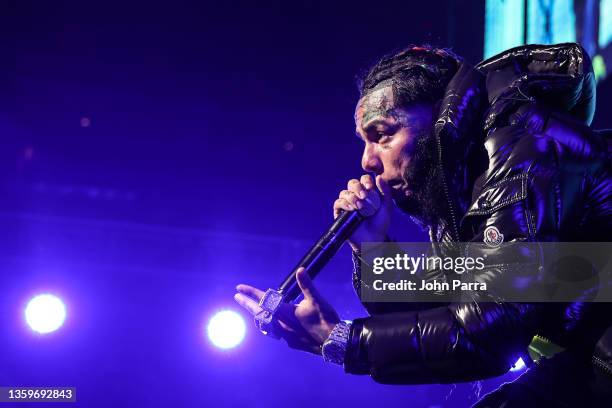 Rapper Tekashi 6ix9ine performs during the MiamiBash 2021 at FTX Arena on December 17, 2021 in Miami, Florida.