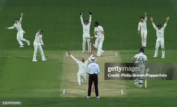 Steve Smith, Marcus Harris, Nathan Lyon, Alex Carey, David Warner and Marnus Labuschagne of Australia appeal for lbw and dismiss Ollie Robinson of...