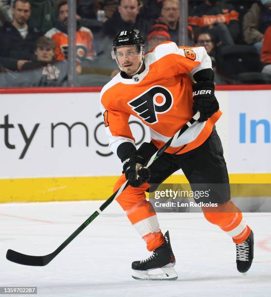 Justin Braun of the Philadelphia Flyers skates against the New Jersey Devils at the Wells Fargo Center on December 14, 2021 in Philadelphia,...