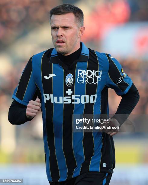 Josip Ilicic of Atalanta BC looks on during the Serie A match between Atalanta BC and AS Roma at Gewiss Stadium on December 18, 2021 in Bergamo,...